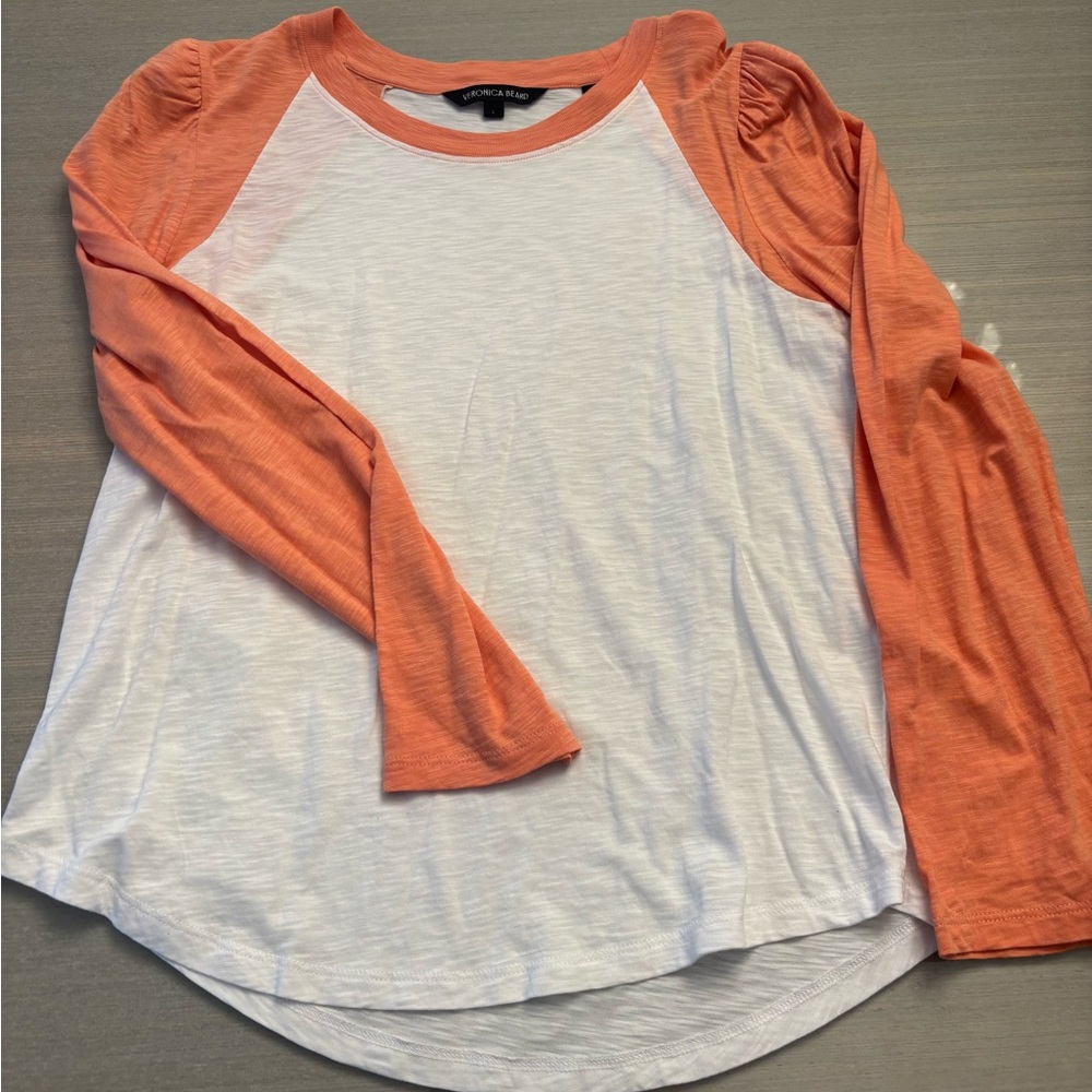 Veronica Beard White and Orange Raglan Puff Sleeve T-Shirt